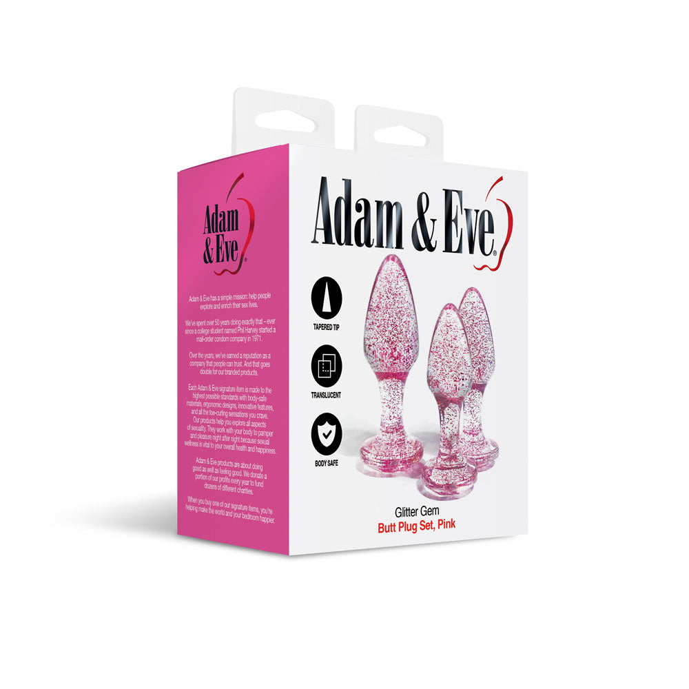 Adam & Eve Glitter Gem 3-Piece Butt Plug Set - Pink - Glitter Pink Butt Plugs - Set of 3 Sizes