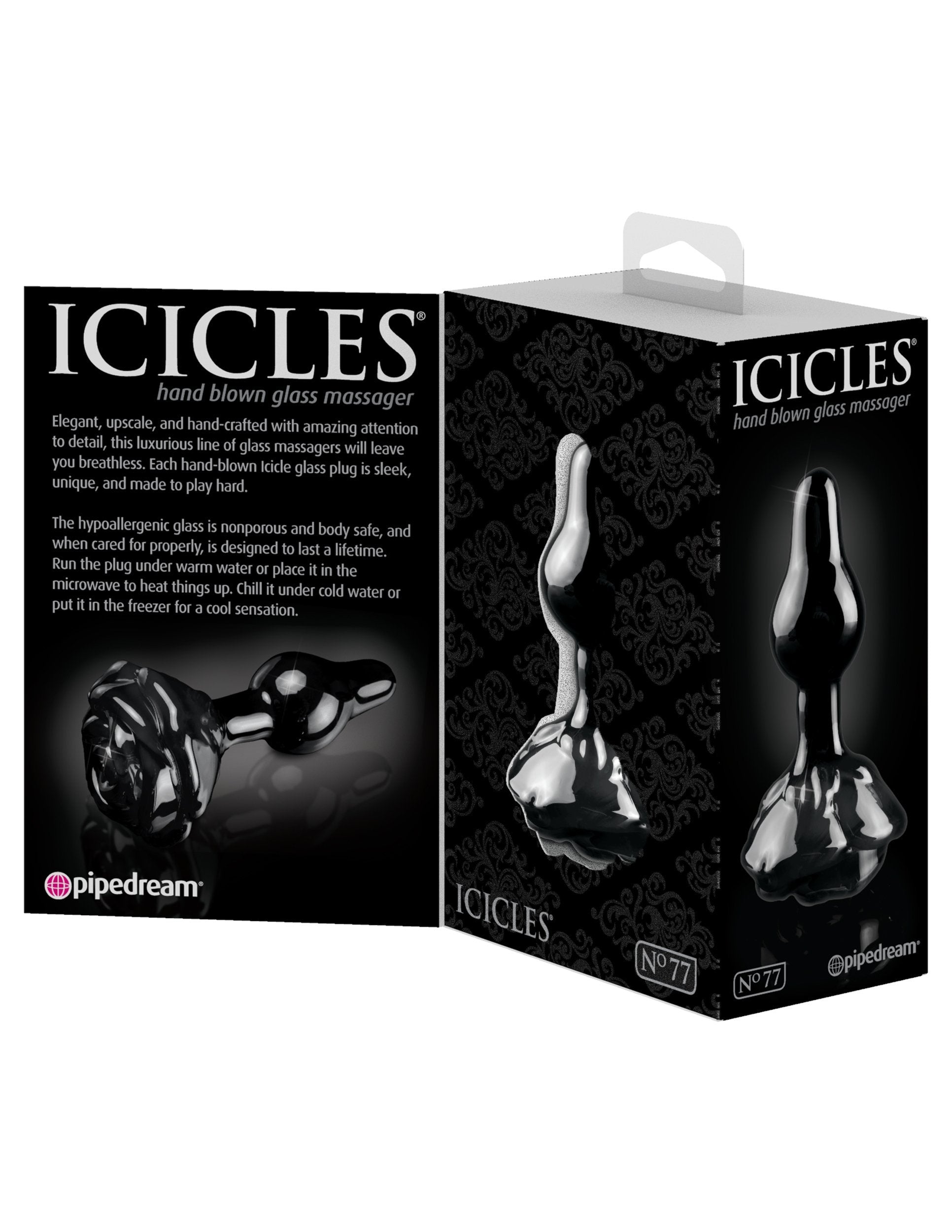 Icicles No. 77 Black Glass Anal Plug with Rose Shaped Base