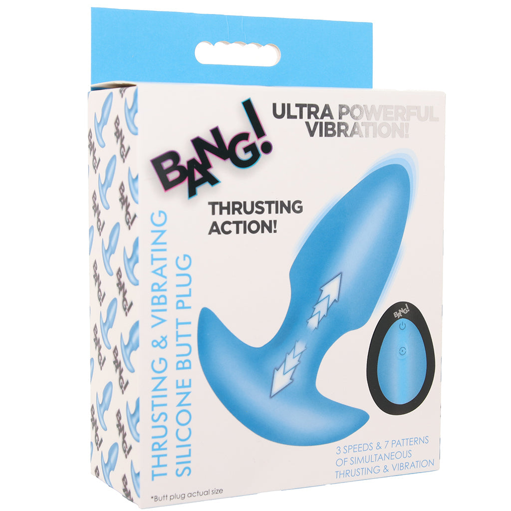 Bang! Thrusting & Vibrating Silicone Butt Plug in Blue